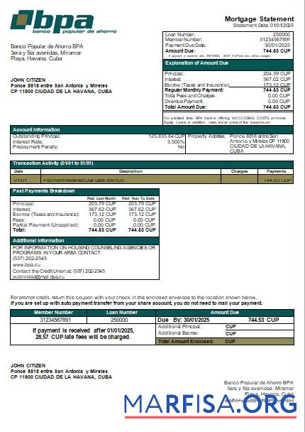 Realistic Cuba Banco Popular de Ahorro BPA bank mortgage statement scr template